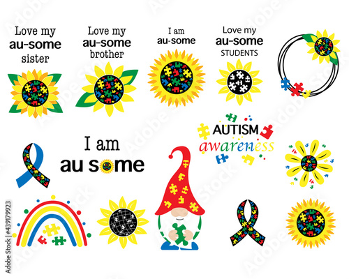 Set Autism concept.  Inspirational quote with sunflower. Autism awareness, ribbon, rainbow, gnome. Poster, banner, greeting card, tshirt design element. Vector illustration.