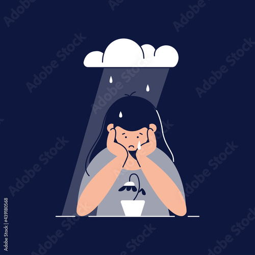 Depression vector illustration. Sad, unhappy teenage girl is melancholy, in despair, sorrow about sad event. Mental disorder, depression, physical, emotional violence against women concept. Flat style