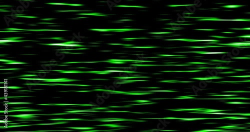 Animated digital horizontal colourful water waves reflections background green on black.