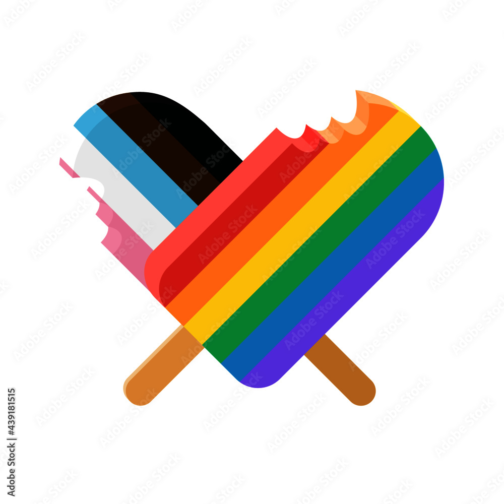 Dwa lody na patyku tworzące serce. Lody w kolorach tęczowej flagi - symbolu LGBTQ+. Gay Pride. Inkluzywna ilustracja do wykorzystania jako wzór naklejek, tło, tapeta lub do social media story. - obrazy, fototapety, plakaty 