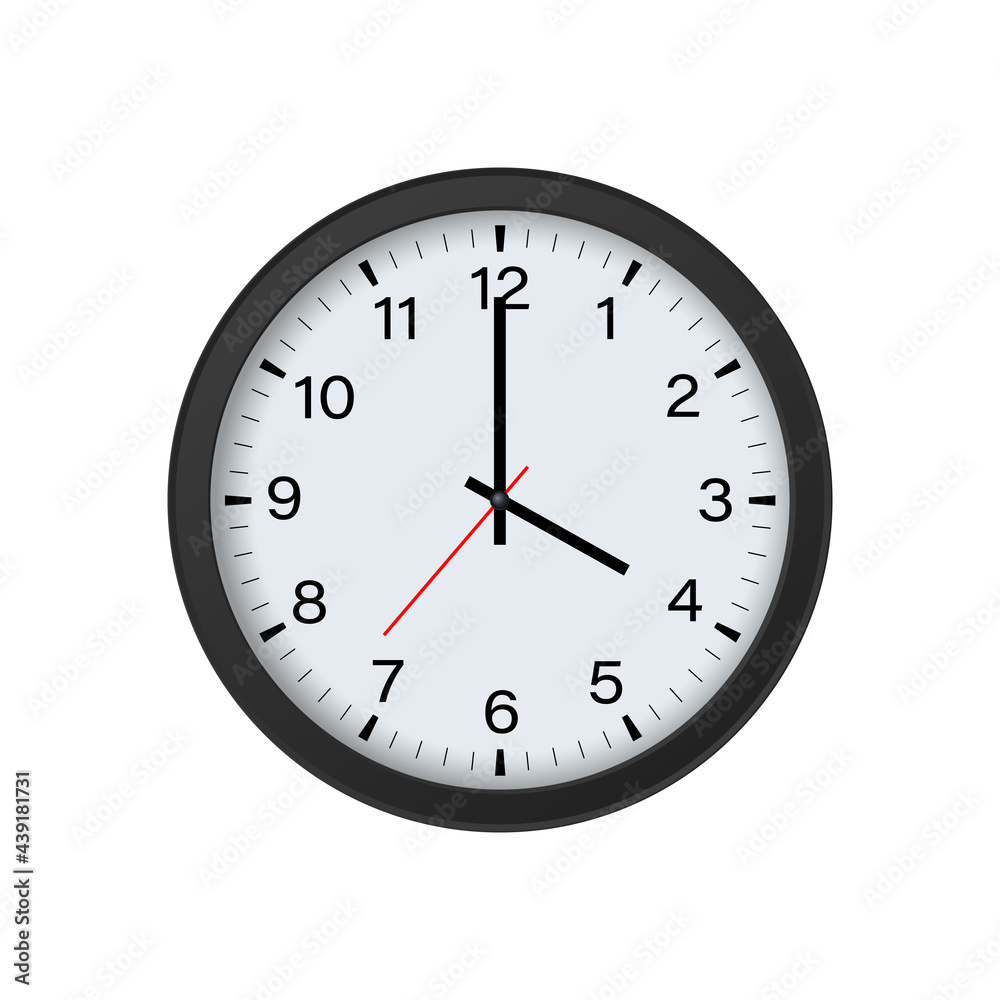 Round Clock Mockup Isolated on White Background, 4 O'clock. Vector Illustration Round Clock Mockup Isolated on White Background, 4 O'clock. Vector Illustration