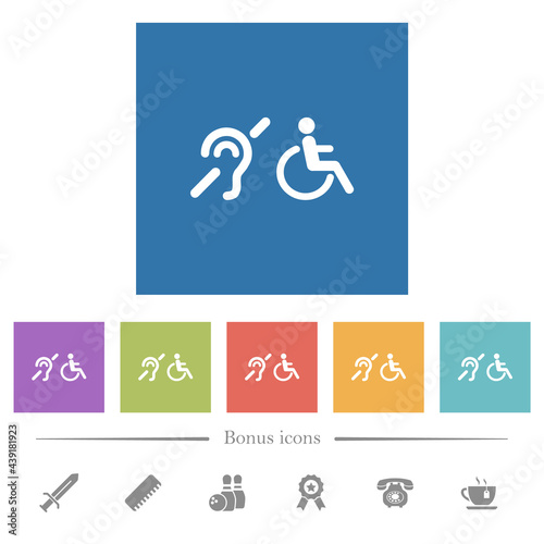 hearing impaired and wheelchair symbols flat white icons in square backgrounds