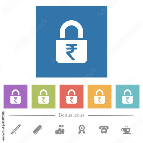 Locked rupees flat white icons in square backgrounds