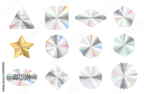 Collection holographic stickers vector illustration geometric hologram seal for product guarantee