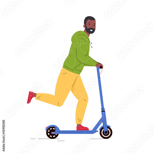 Active young man riding electric walk scooter. Modern male character driving eco urban transport. Active lifestyle concept. Colored flat vector illustration isolated on white background.