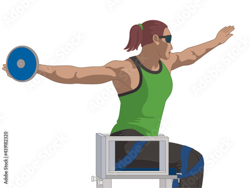 para sports paralympic discus throw, visual impaired female athlete, track and field, isolated on a white background