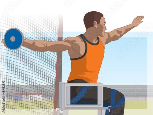 para sports paralympic discus throw, physical disabled male athlete, track and field, with net and stadium in background