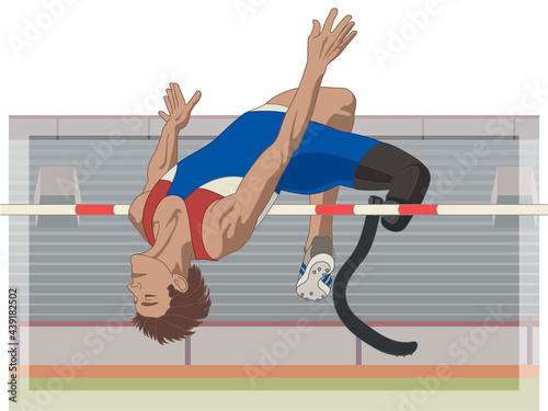para sports paralympic high jump, physical disabled male athlete on prosthetic leg, track and field, with stadium in background