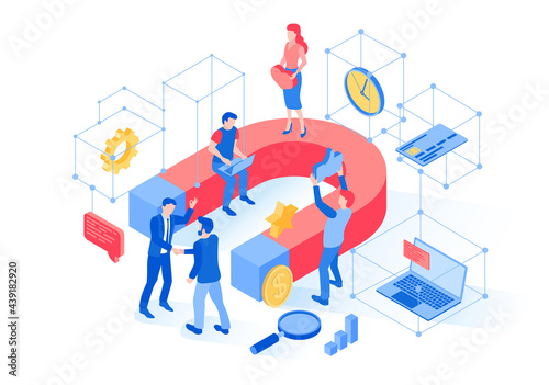 Attracting clients, buyers, apprentices, contractors, employees, workers. Magnet, people, marketing. Business. Customer strategy. 3d isometric vector illustration