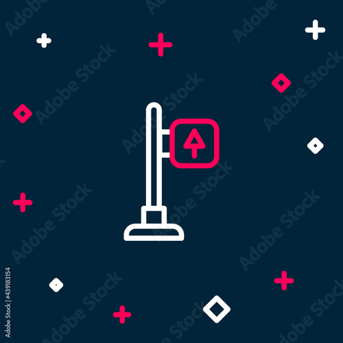 Line Road traffic sign. Signpost icon isolated on blue background. Pointer symbol. Street information sign. Direction sign. Colorful outline concept. Vector