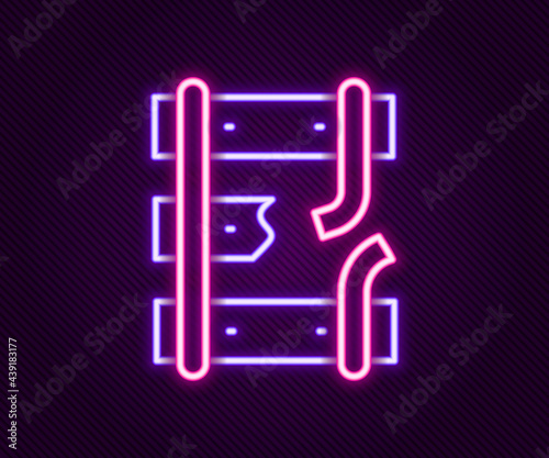 Glowing neon line Broken or cracked rails on a railway icon isolated on black background. Colorful outline concept. Vector