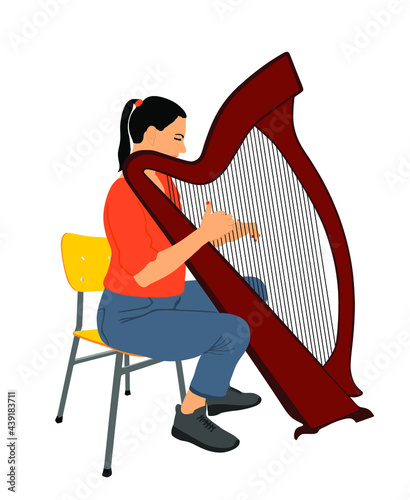 Woman playing harp vector illustration isolated. Music girl with string instrument siting on chair on concert event. Lady art performer. Musician with lira on stage. Opera classic concert event.