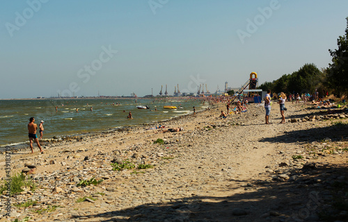 RUSSIA, YEYSK - 20 August 2016: Tourists in the Kamenka beach. Russia, Sea of Azov, Krasnodar Territory, Yeysk.