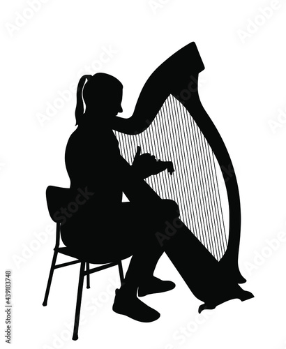 Woman playing harp vector silhouette isolated. Music girl with string instrument siting on chair on concert event. Lady art performer. Musician with lira on stage. Opera classic concert event.