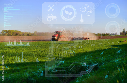 remote automated control of a tractor in agriculture. AI technologies to analyze data and increase productivity and yield