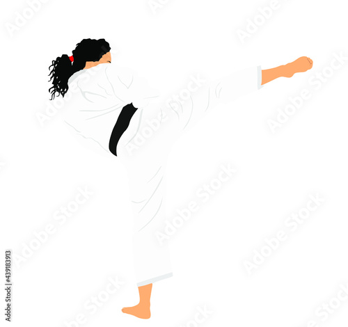 Karate woman fighter in kimono vector illustration. Japan traditional martial art sport discipline. Girl self defense skills. In healthy body healthy mind. Lady protect yourself against aggressor.