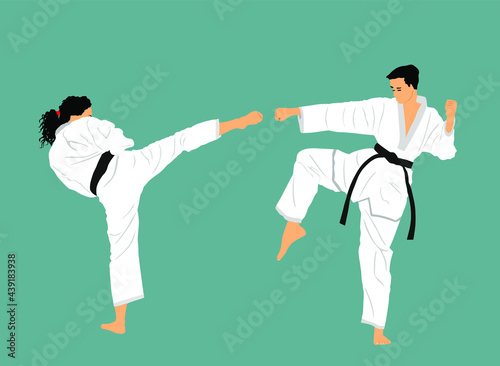 Fight between karate woman and man fighters in kimono vector illustration. Japan traditional martial art sport discipline. Girl against boy self defense skill. Lady protect yourself from man aggressor