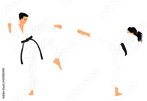 Fight between karate woman and man fighters in kimono vector illustration. Japan traditional martial art sport discipline. Girl against boy self defense skill. Lady protect yourself from man aggressor