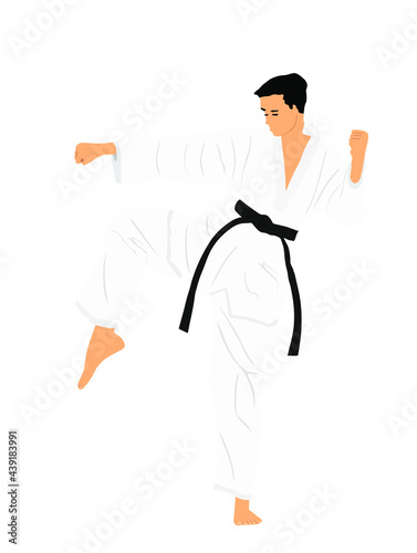 Karate man fighter in kimono vector illustration. Japan traditional martial art sport discipline. Boy self defense presentation. In healthy body healthy mind. Protect yourself against aggressor.