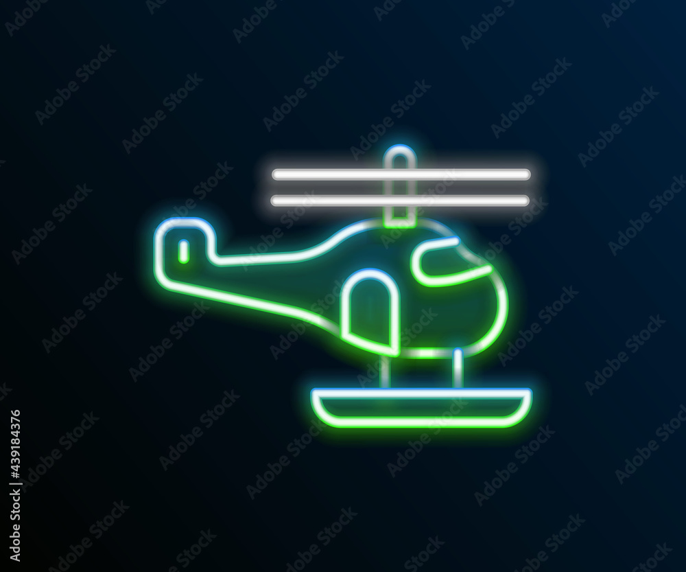 Glowing neon line Helicopter aircraft vehicle icon isolated on black background. Colorful outline concept. Vector