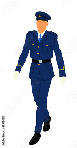 Elegant pilot in uniform walking vector illustration. Air plane cabin crew member. Civil air traffic captain officer on duty. Patriot man. Handsome boy.