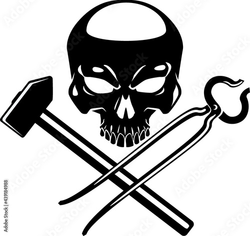 human skull and crossed blacksmith tools, sledgehammer and tong