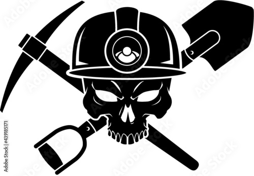 human skull wearing mining helmet and crossed pickaxe and shovel
