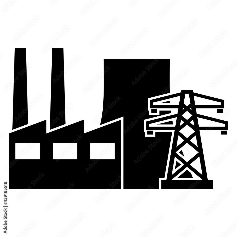 Simple black power plant, industry vector icon isolated on white background