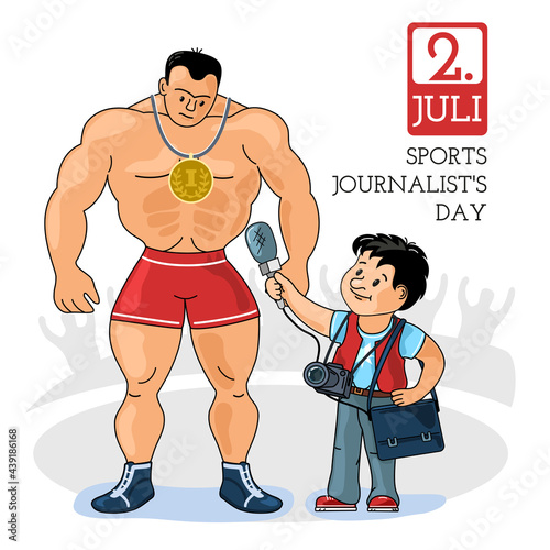 Sports Journalist's Day. A journalist interviews a champion athlete. Congratulations on the holiday. Funny vector illustration in the cartoon style.