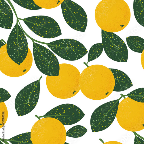 Fototapeta Naklejka Na Ścianę i Meble -  Seamless pattern with oranges on a white background. Summer fruits for a healthy lifestyle. Organic exotic fruit fruit. Print for fabrics, wallpapers, decorative pillows. 
