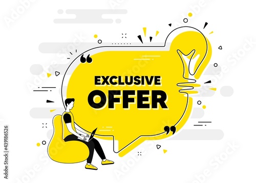 Exclusive offer text. Idea chat bubble banner with person. Sale price sign. Advertising discounts symbol. Exclusive offer chat message lightbulb. Idea light bulb people background. Vector