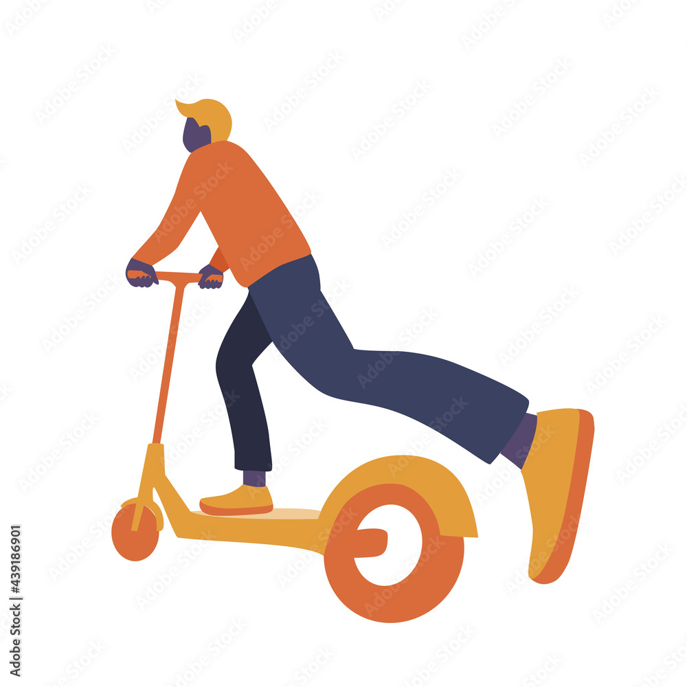 Man riding kick scooter. Accent on perspective. Flat vector illustration in simple abstract style for poster, flyer or sticker Man riding kick scooter. Accent on perspective. Flat vector illustration in simple abstract style for poster, flyer or sticker