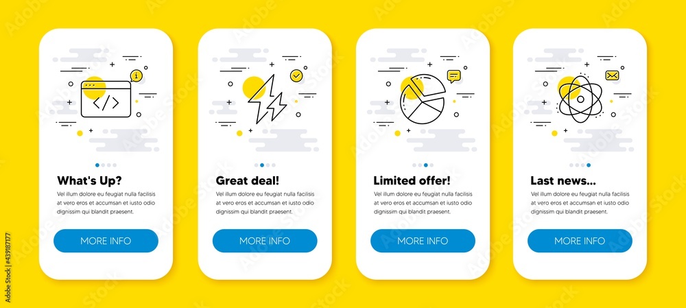 Vector set of Seo script, Pie chart and Electricity line icons set. UI phone app screens with line icons. Atom icon. Programming, Presentation graph, Electric energy. Electron. Vector Vector set of Seo script, Pie chart and Electricity line icons set. UI phone app screens with line icons. Atom icon. Programming, Presentation graph, Electric energy. Electron. Vector