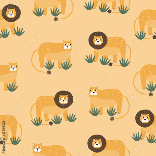 Cute lions with funny eyes and green bush. Savannah animals. Baby seamless pattern.