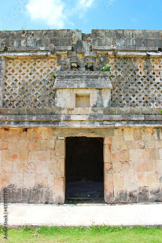 Door and architectural details of the Nunnery, ancient building on the territory of the Uxmal historical site, Mayan city, representative of the Puuc architectural style, Yucatan, Mexico