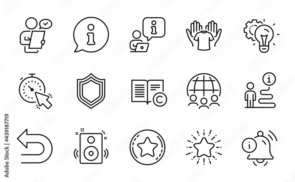 Business icons set. Included icon as Security, Speakers, Global business signs. Loyalty star, Star, Idea gear symbols. Timer, Copyright, Undo. Customer survey, Information bell line icons. Vector