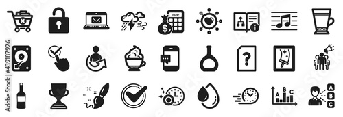 Set of simple icons, such as Dishwasher timer, Cappuccino cream, Confirmed icons. Cognac bottle, Opinion, Checkbox signs. Dating network, Brand ambassador, E-mail. Oil drop, Musical note. Vector © blankstock