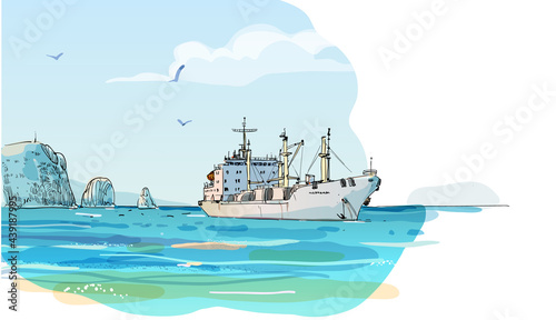 Bulk ship against the shore. Colored sketch illustration