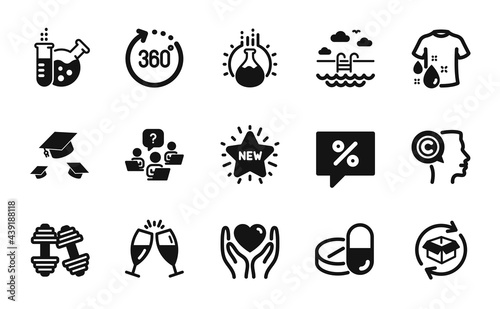 Vector set of Swimming pool, Throw hats and Chemistry lab icons simple set. Champagne glasses, Dumbbells and Return parcel icons. Wash t-shirt, Medical drugs and Writer signs. Vector