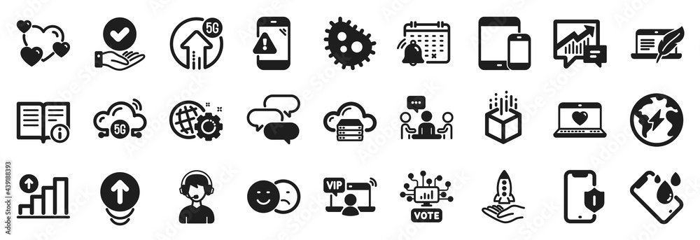 Set of Technology icons, such as Accounting, Consultant, Graph chart icons. Bacteria, Like, Online voting signs. Augmented reality, Web love, 5g upload. Swipe up, Technical info, Heart. Vector Set of Technology icons, such as Accounting, Consultant, Graph chart icons. Bacteria, Like, Online voting signs. Augmented reality, Web love, 5g upload. Swipe up, Technical info, Heart. Vector