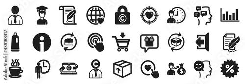 Set of simple icons  such as Like button  Working hours  Student icons. Column chart  Valentine target  Shampoo signs. Info  Copyright locker  Return parcel. Wish list  Discount  Package. Vector