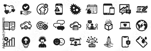 Set of Technology icons, such as Accounting, Consultant, Graph chart icons. Bacteria, Like, Online voting signs. Augmented reality, Web love, 5g upload. Swipe up, Technical info, Heart. Vector