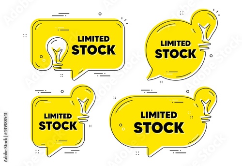 Limited stock sale. Idea yellow chat bubbles. Special offer price sign. Advertising discounts symbol. Limited stock chat message banners. Idea lightbulb balloons. Vector