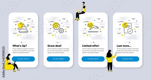 Vector Set of Business icons related to Pyramid chart, Work and Arrivals plane icons. UI phone app screens with people. Insurance policy line symbols. Vector