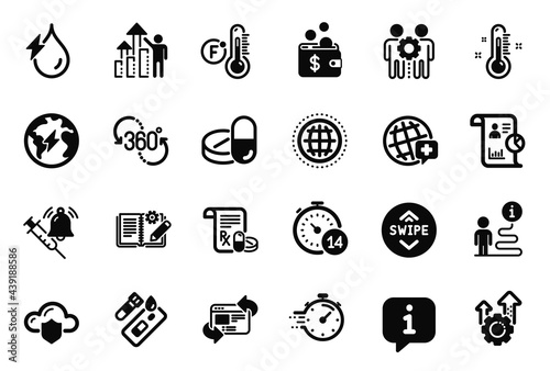 Vector Set of Science icons related to World medicine, Hydroelectricity and Seo gear icons. Globe, Employee results and Employees teamwork signs. Medical drugs, 360 degree and Thermometer. Vector