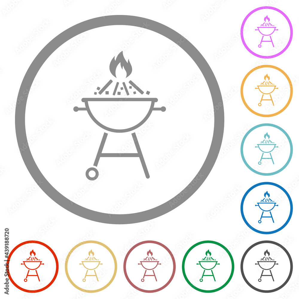 Burning barbecue grill flat icons with outlines Burning barbecue grill flat icons with outlines