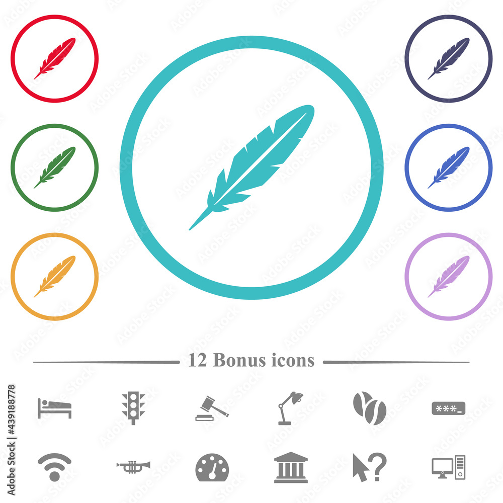 Single feather flat color icons in circle shape outlines Single feather flat color icons in circle shape outlines