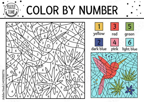 Vector tropical color by number activity with paradise bird, palm tree leaves and flower. Summer coloring and counting game with cute animal. Funny exotic coloration page for kids. .