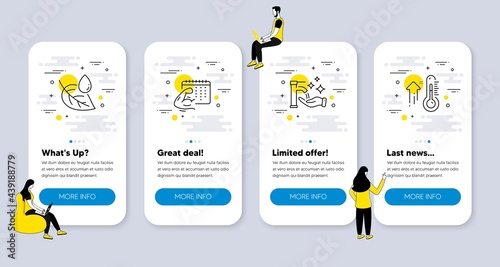 Vector Set of Healthcare icons related to Leaf dew, Fitness calendar and Washing hands icons. UI phone app screens with people. High thermometer line symbols. Vector