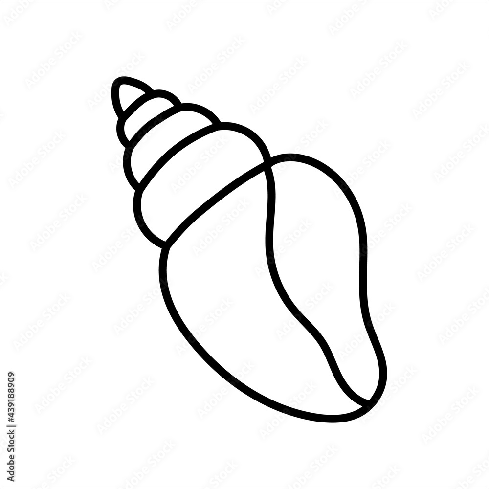 Vector black and white seashell. Outline seashell. Summer outline clipart element. Cute illustration for kids or coloring page. Vacation beach object..